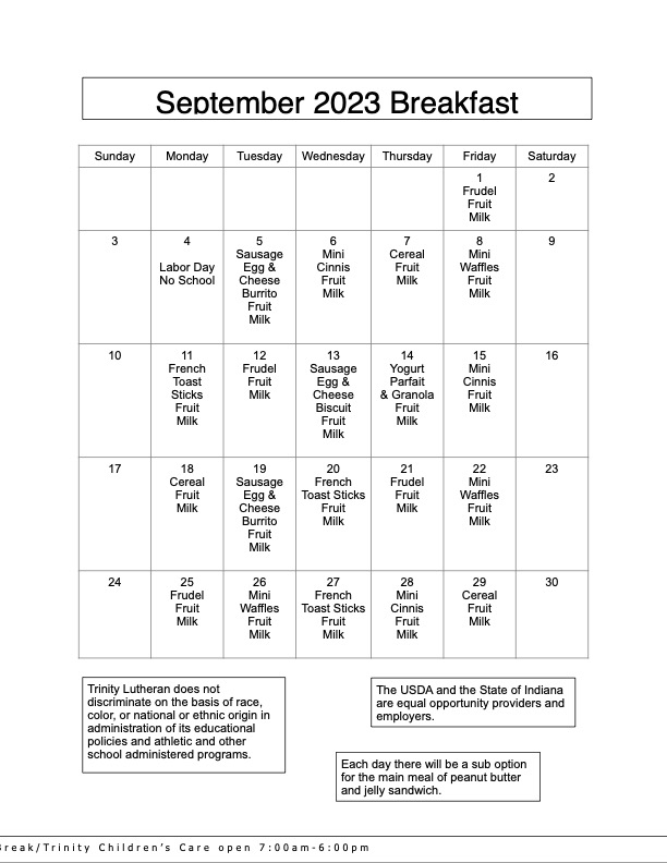 Breakfast Menu September 23