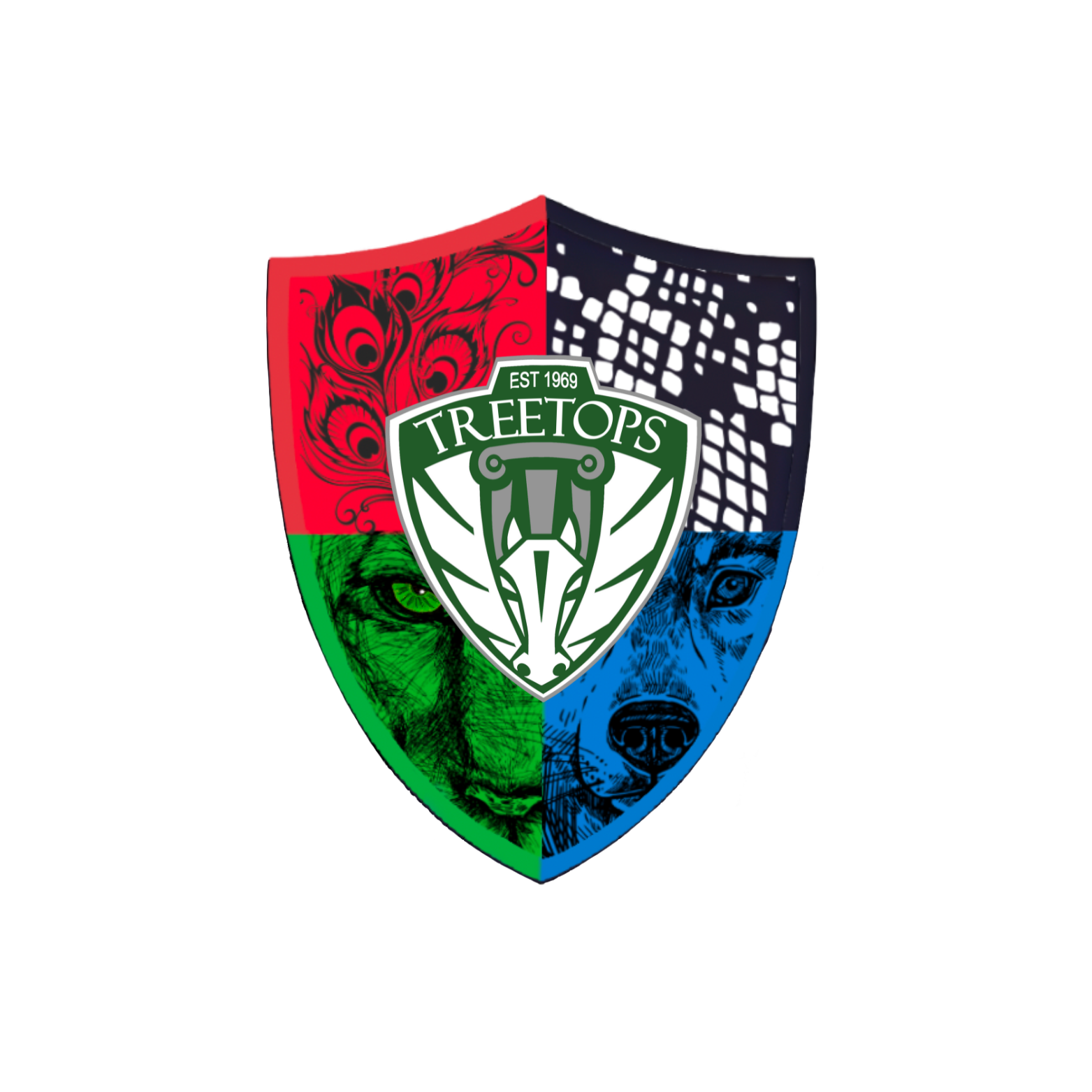 Shield quartered in 4 colors in the background with Treetops Shield in foreground Shield quartered in 4 colors in the background with Treetops Shield in foreground