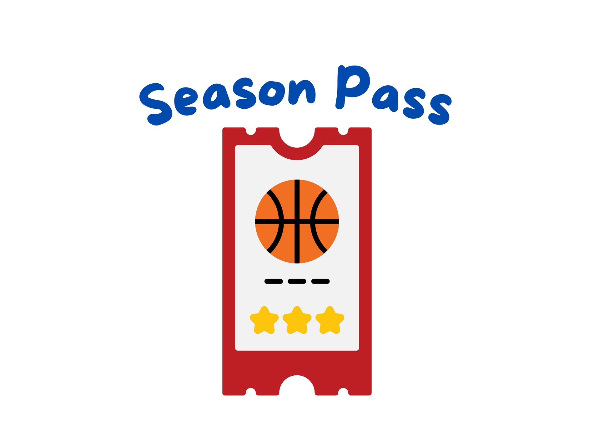 Blue lettering reads " season Pass", image of ticket with a basketball on it