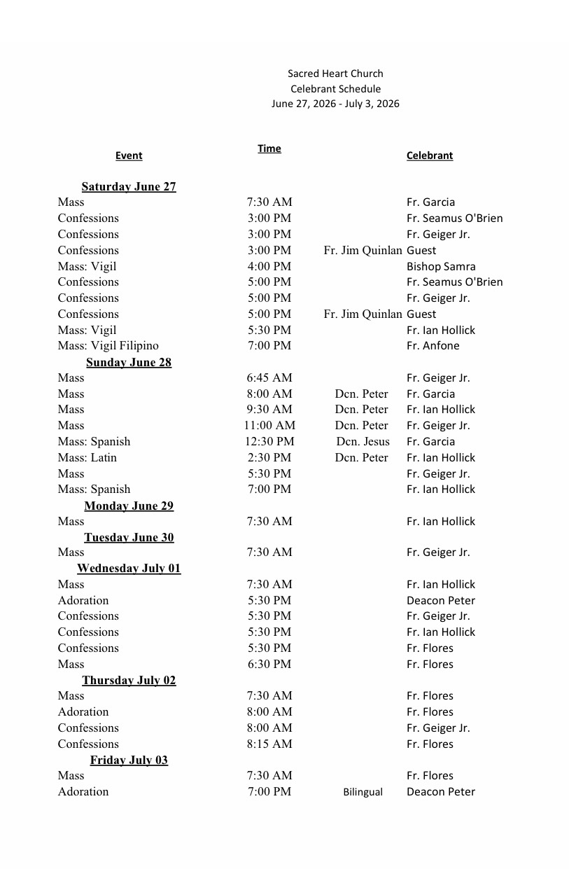 celebrant schedule