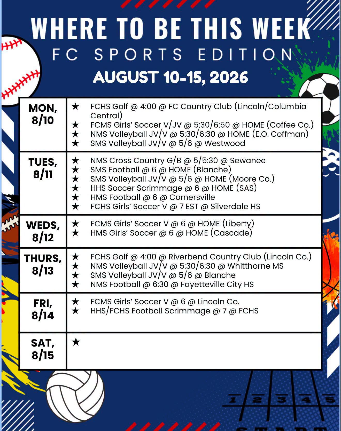 sports schedule for the week of 8/10-8/15