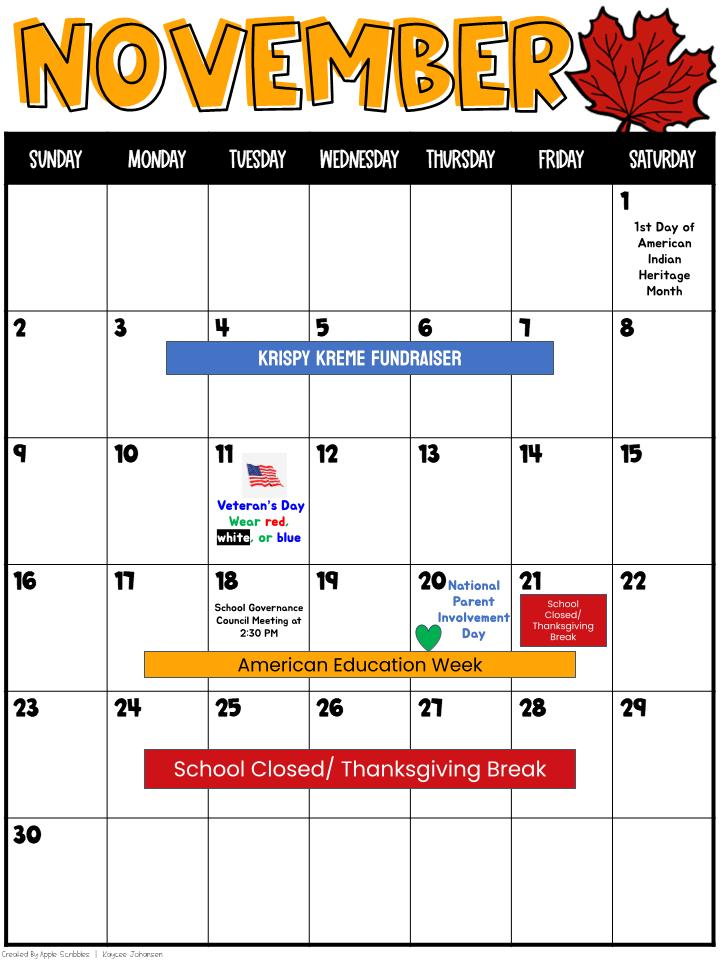 NOVEMBER SCHOOL CALENDAR (ENGLISH)