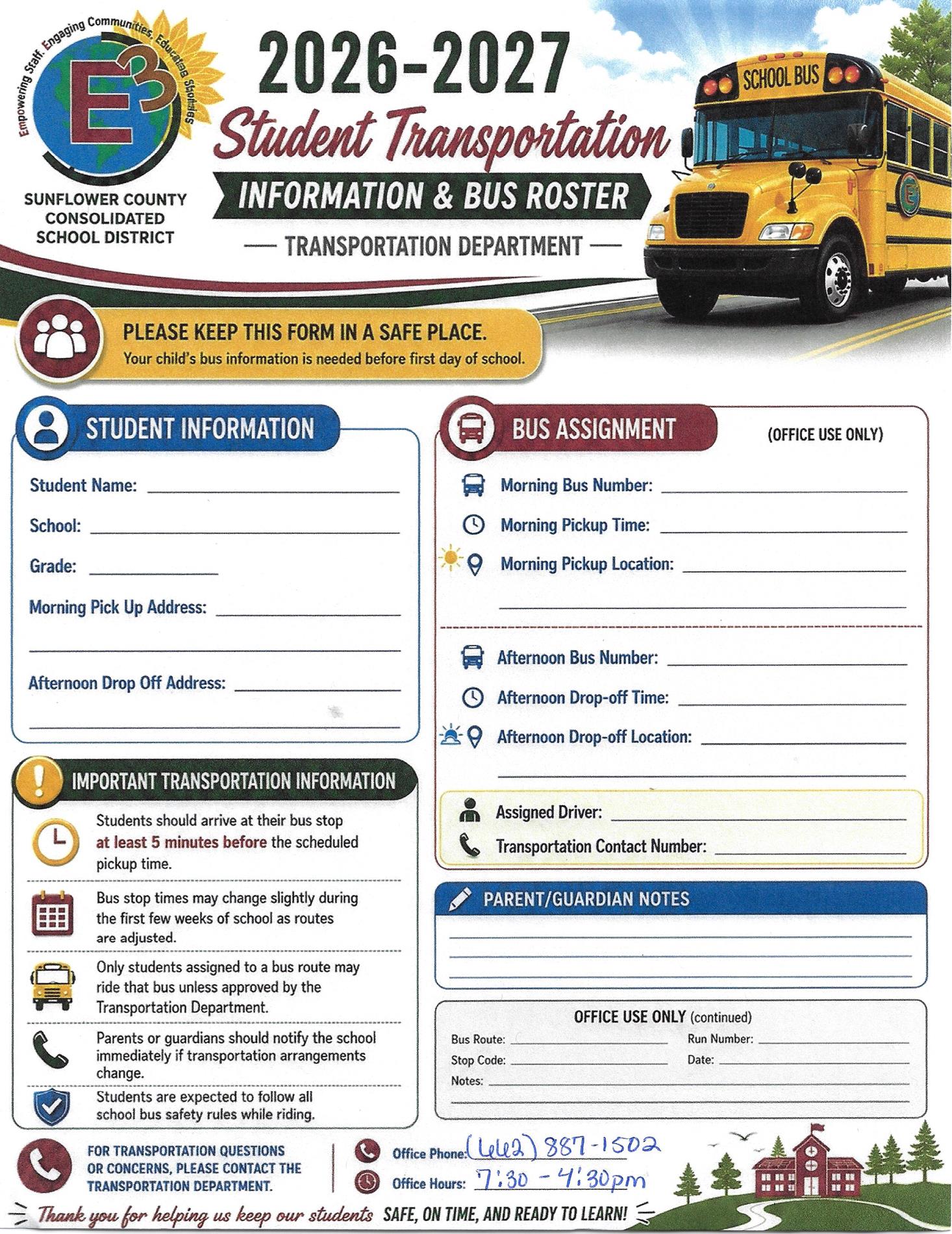 2026-2027 Student Transportation Form