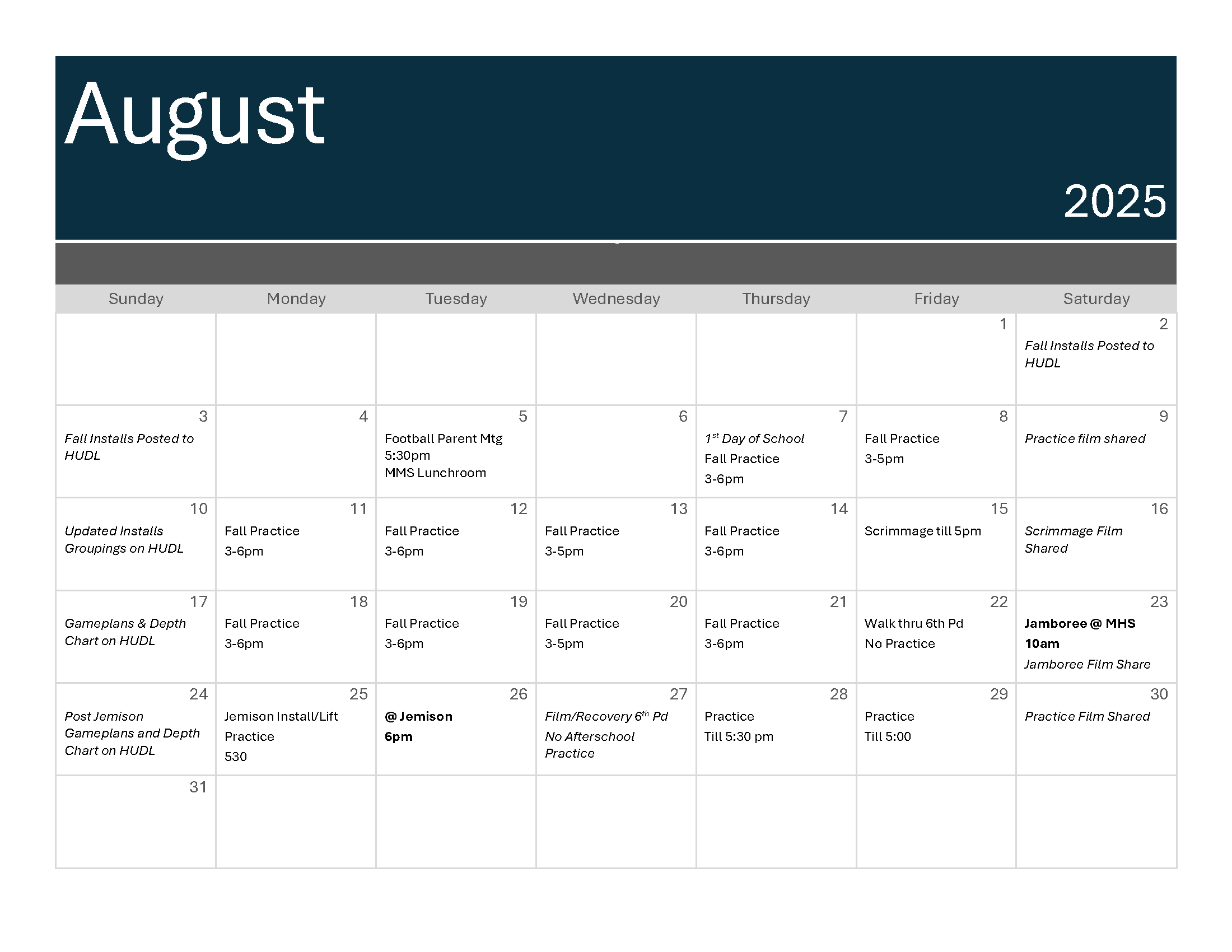 August Schedule