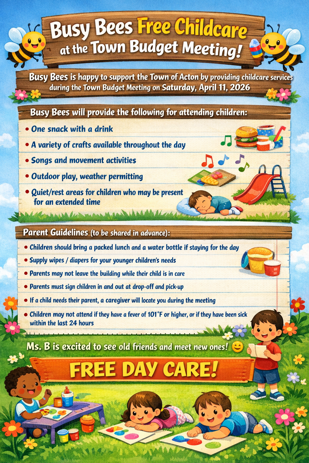 Free Childcare for Town of Acton Meeting