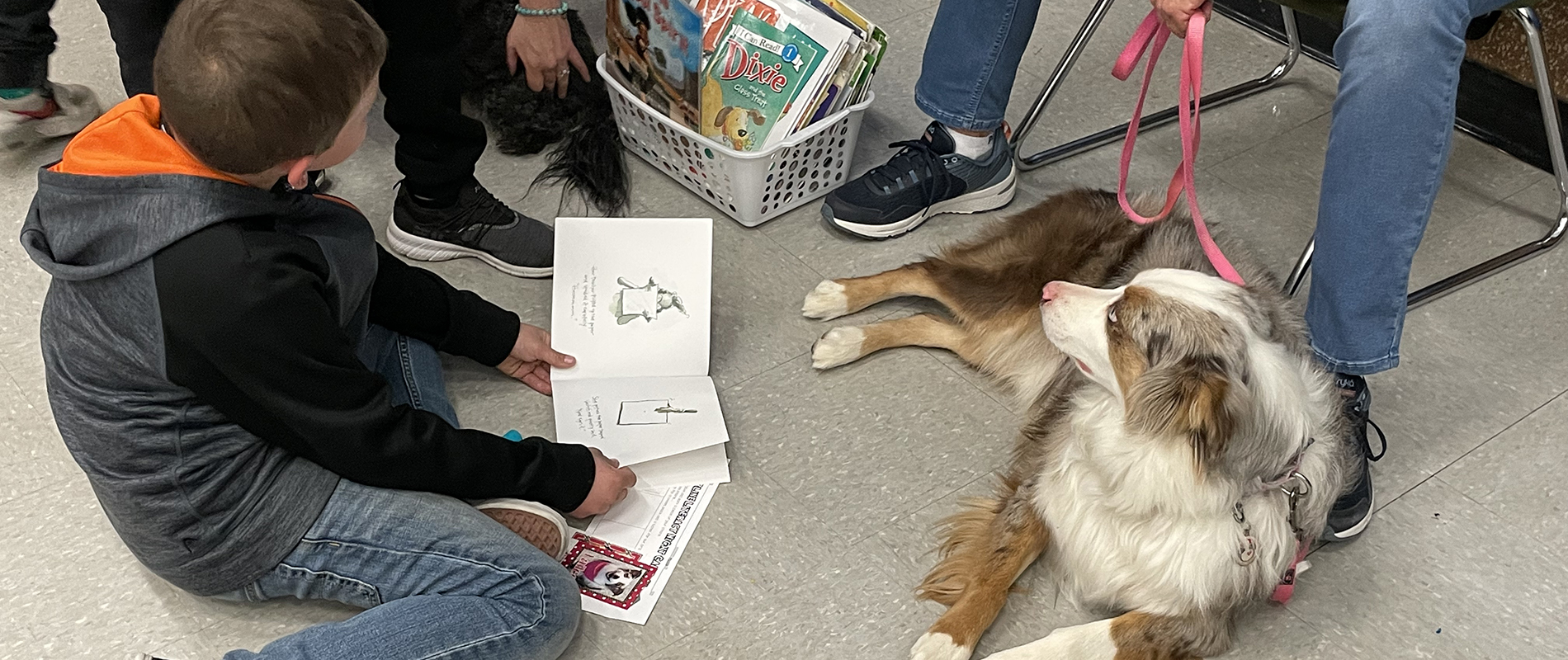 boy reading to dog during Camp Read-In event