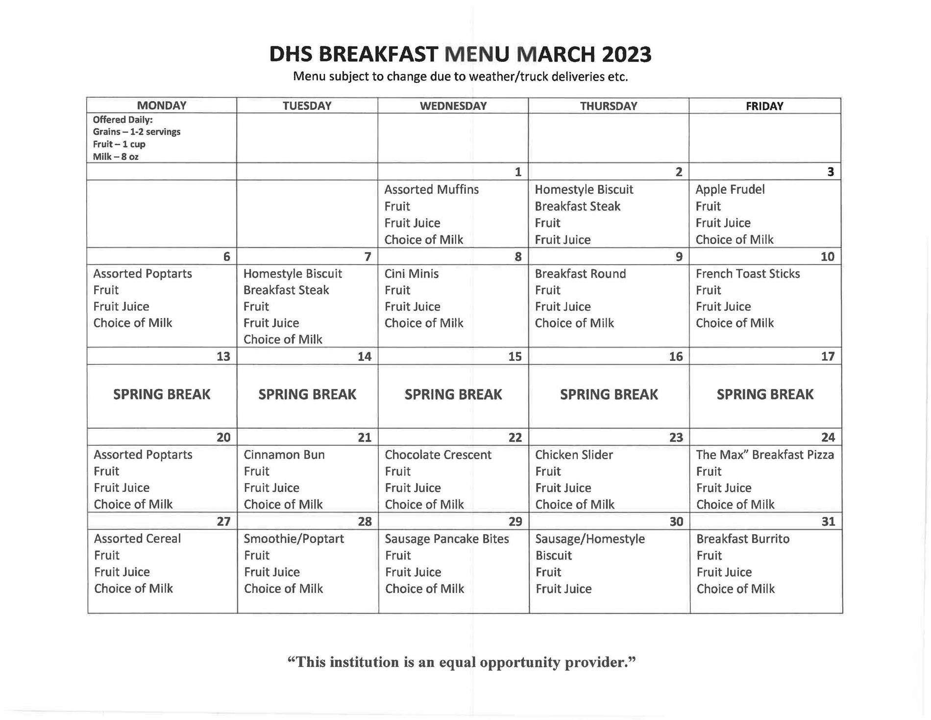 DHS Breakfast Menu