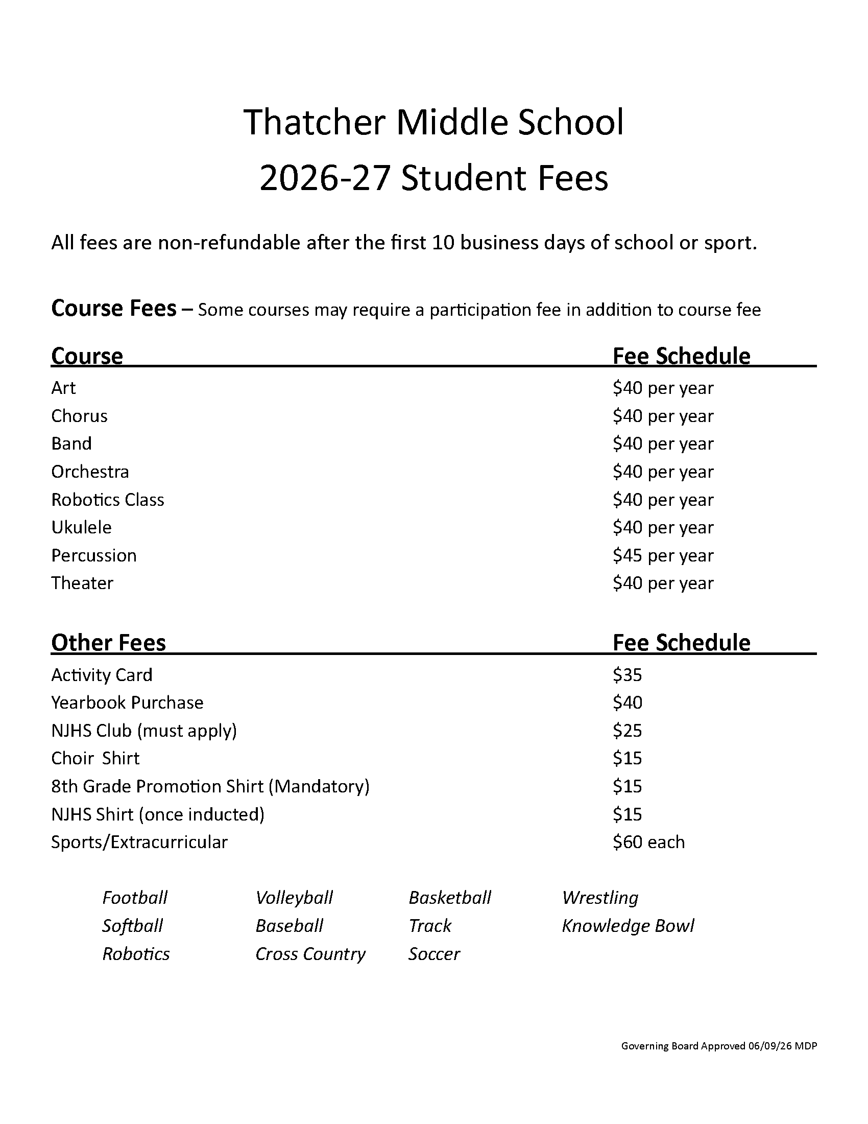 TMS Student Fees 25-26