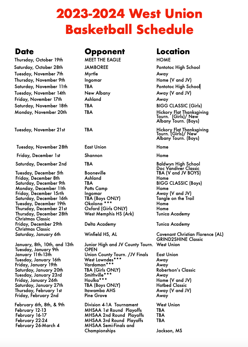 Basketball Schedule