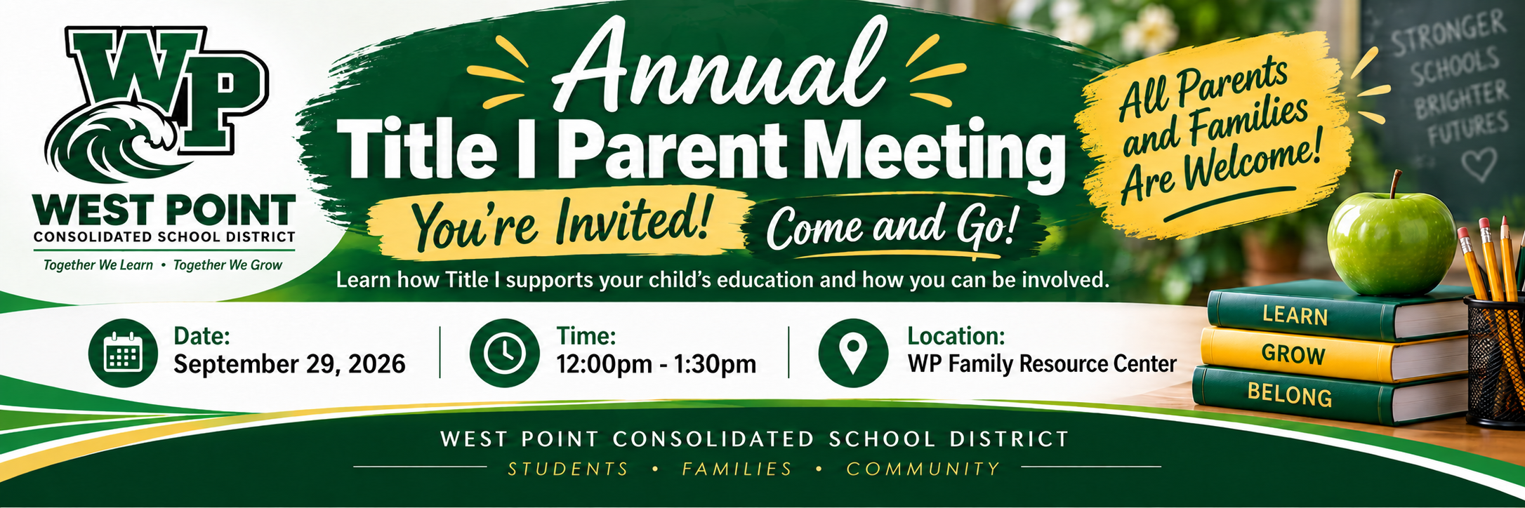 Annual Title I Parent Meeting flyer for West Point Consolidated School District announcing the September 29, 2026 meeting from 12:00 to 1:30 p.m. at the WP Family Resource Center, with information about Title I requirements, funding, and parent and family engagement.