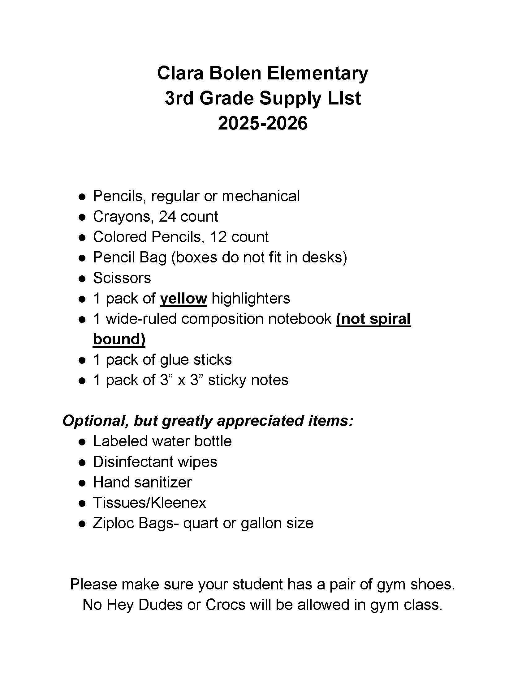3rd Grade School Supply List