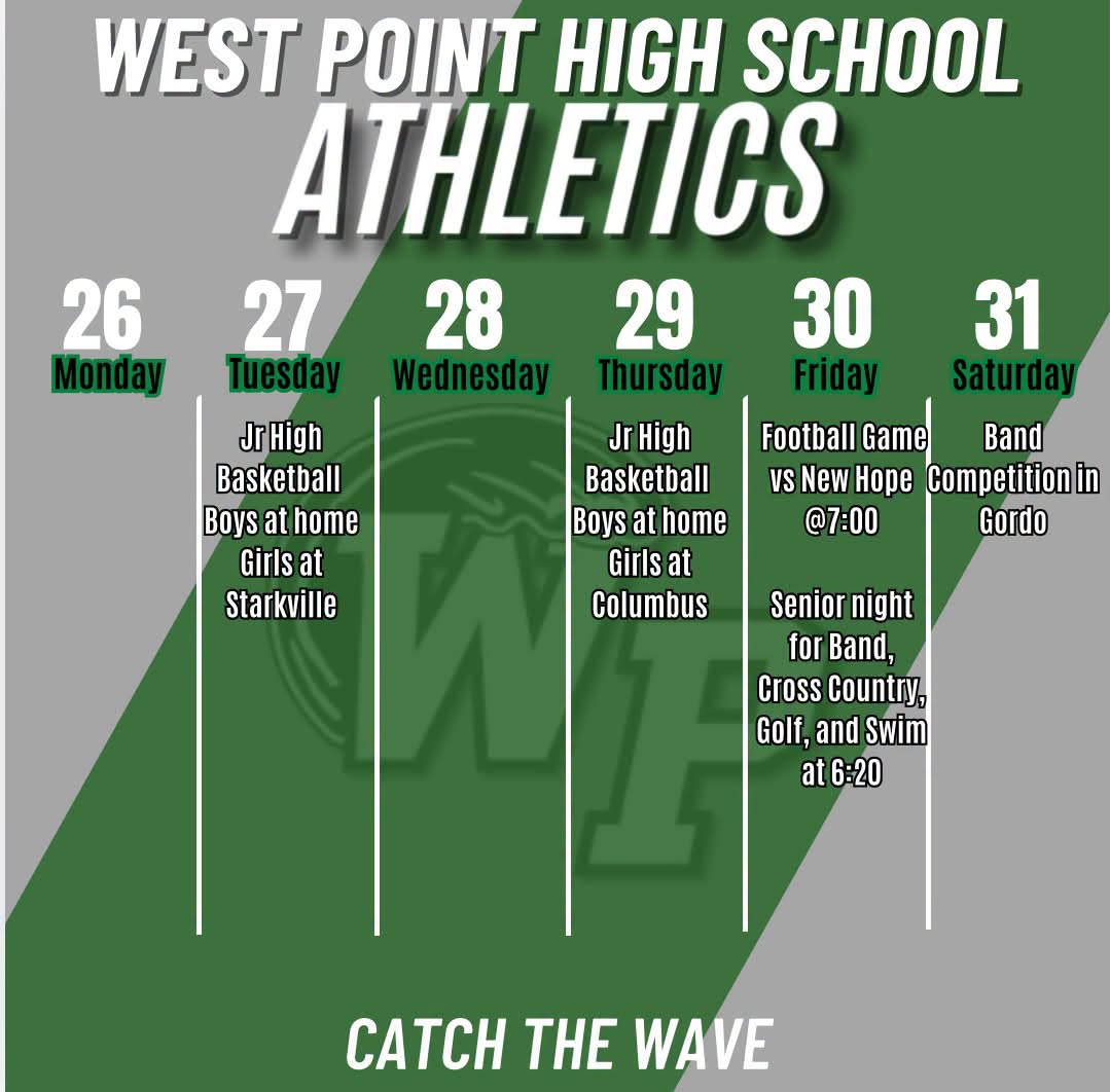 West Point High School Athletics schedule for October 26–31 featuring Junior High Basketball, a home football game against New Hope, Senior Night for Band, Cross Country, Golf, and Swim, and a band competition in Gordo.