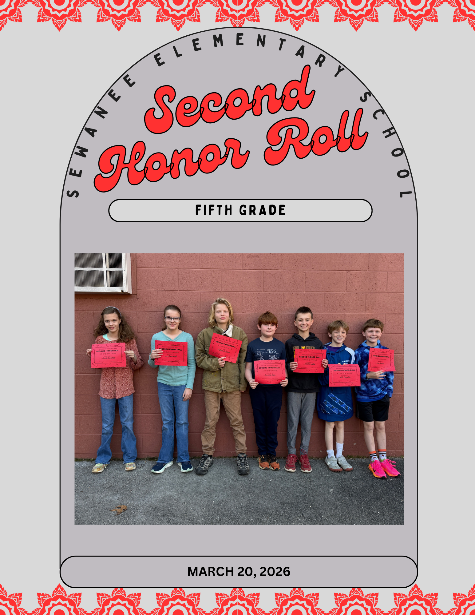Sewanee Elementary School 5th Grade Second Honor Roll - March 20, 2026
