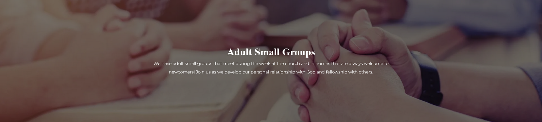  Adult Small Groups  We have adult small groups that meet during the week at the church and in homes that are always welcome to newcomers! Join us as we develop our personal relationship with God and fellowship with others.
