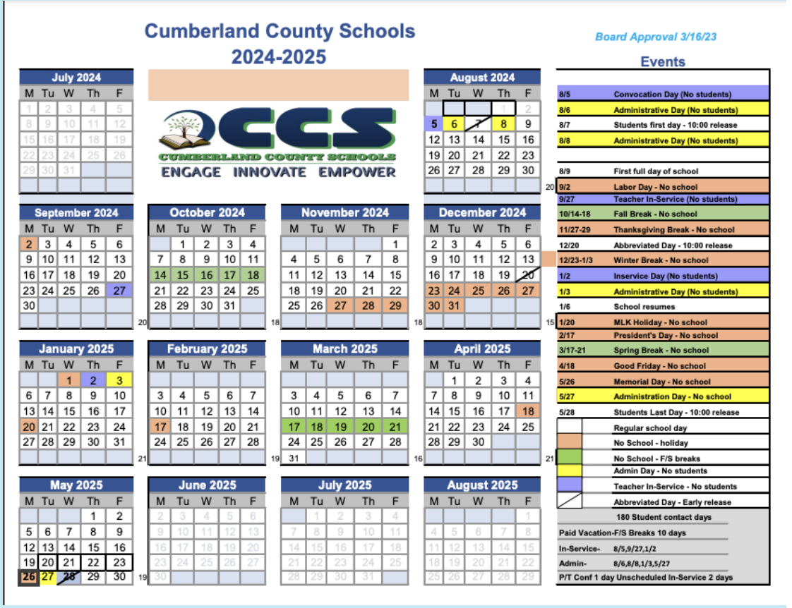 Cumberland County Schools Calander for 2024-2025