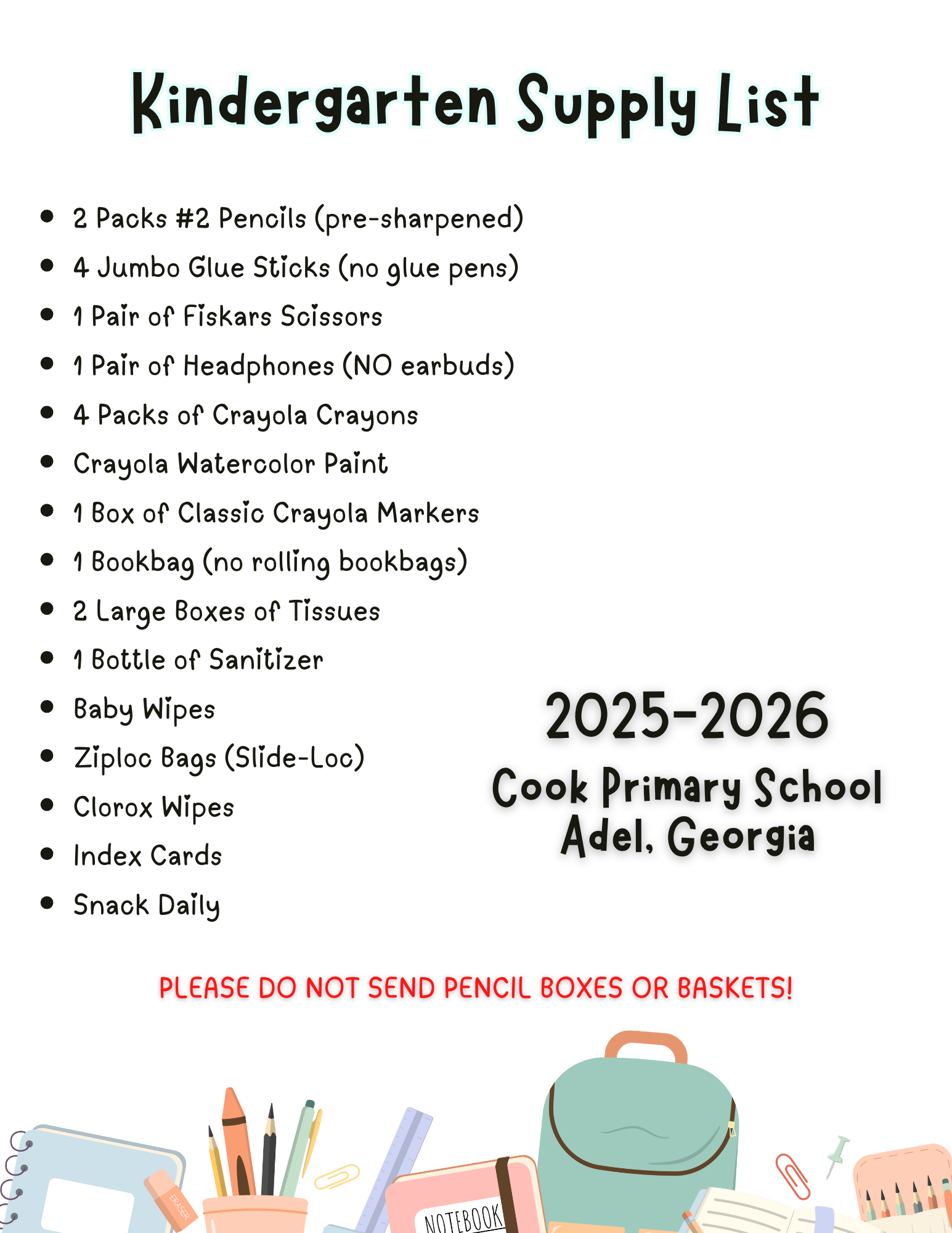 Kindergarten Supply List