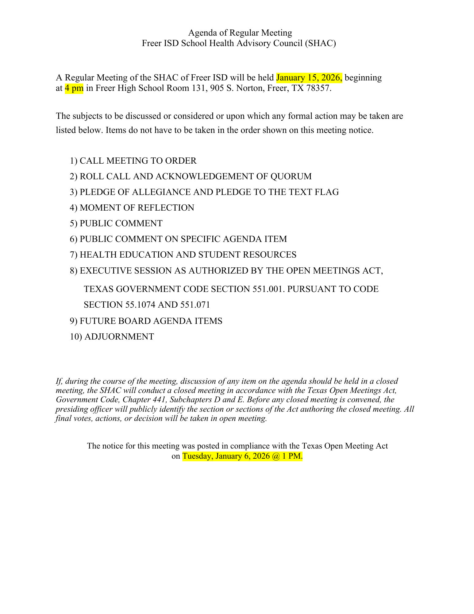 SHAC Regular Meeting SHAC Regular Meeting