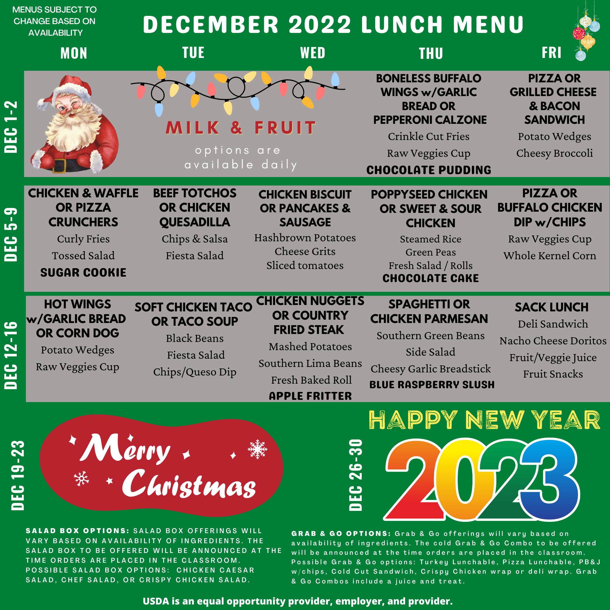 December 2022 lunch menu