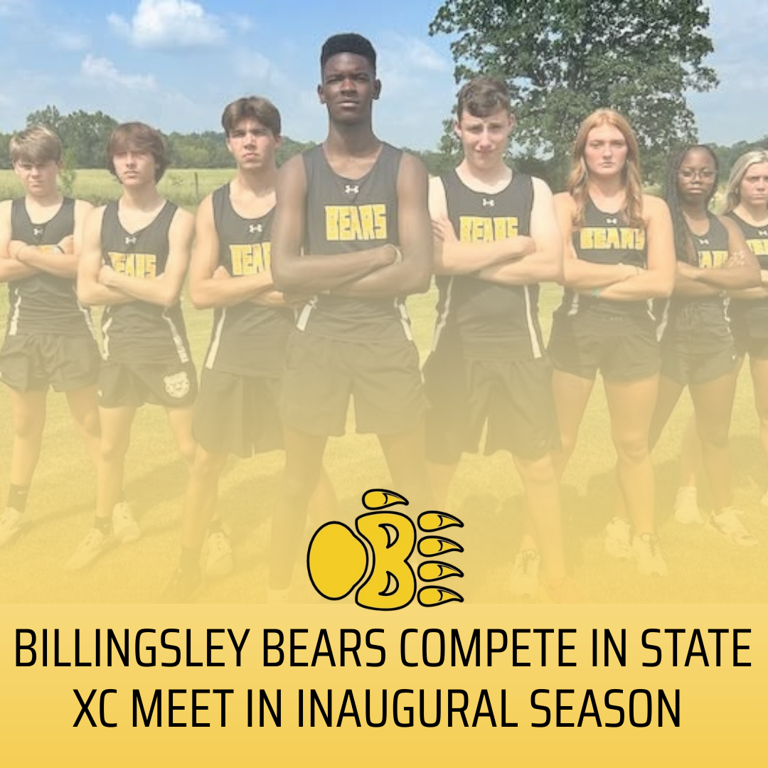 Billingsley Cross Country Team Photo with Earns State Appearance in Inaugural Season Caption and School Logo