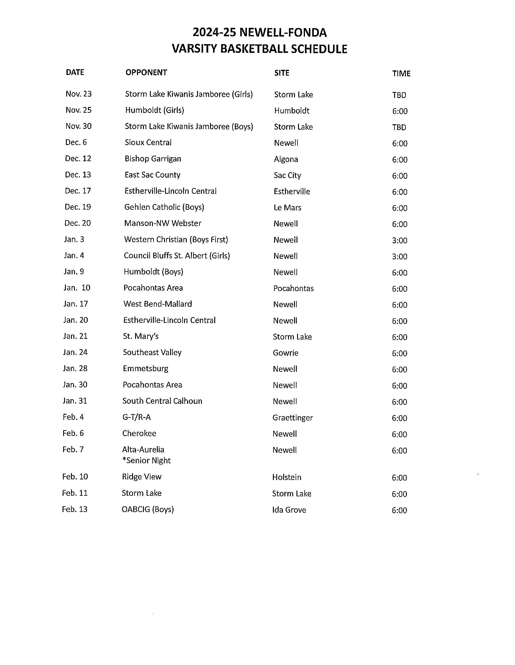 2024-25 Varsity Basketball Schedule