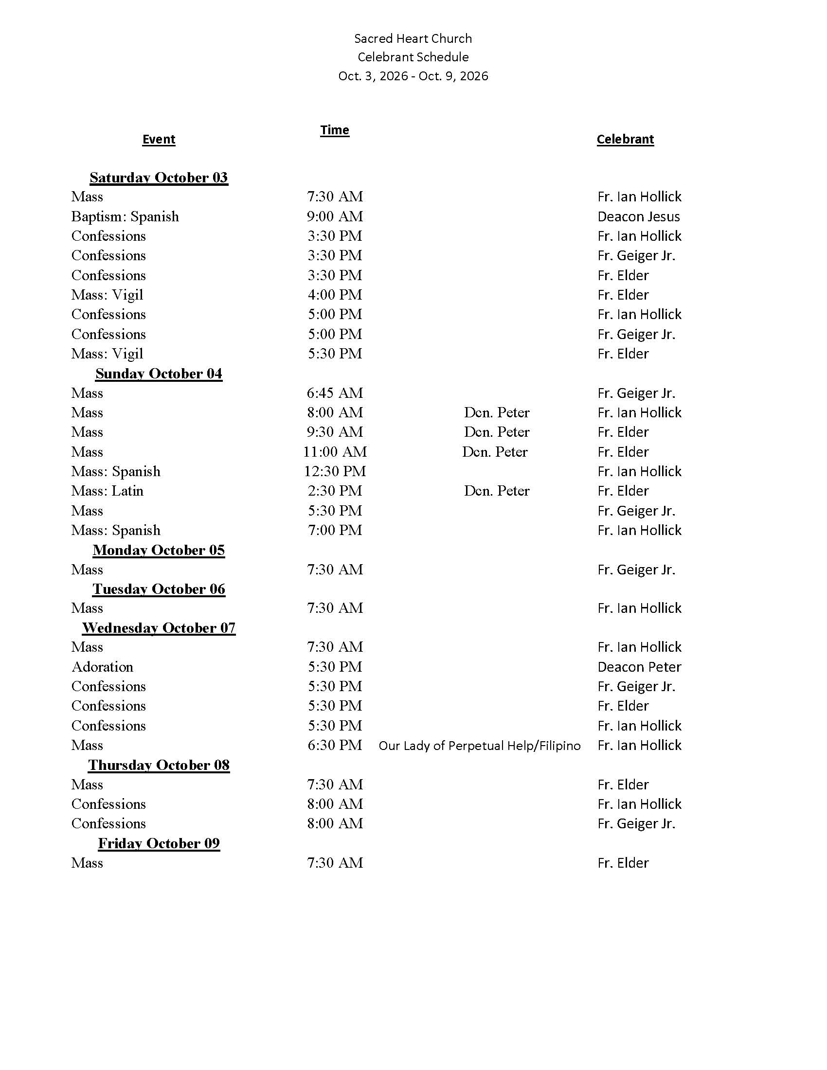 celebrant schedule