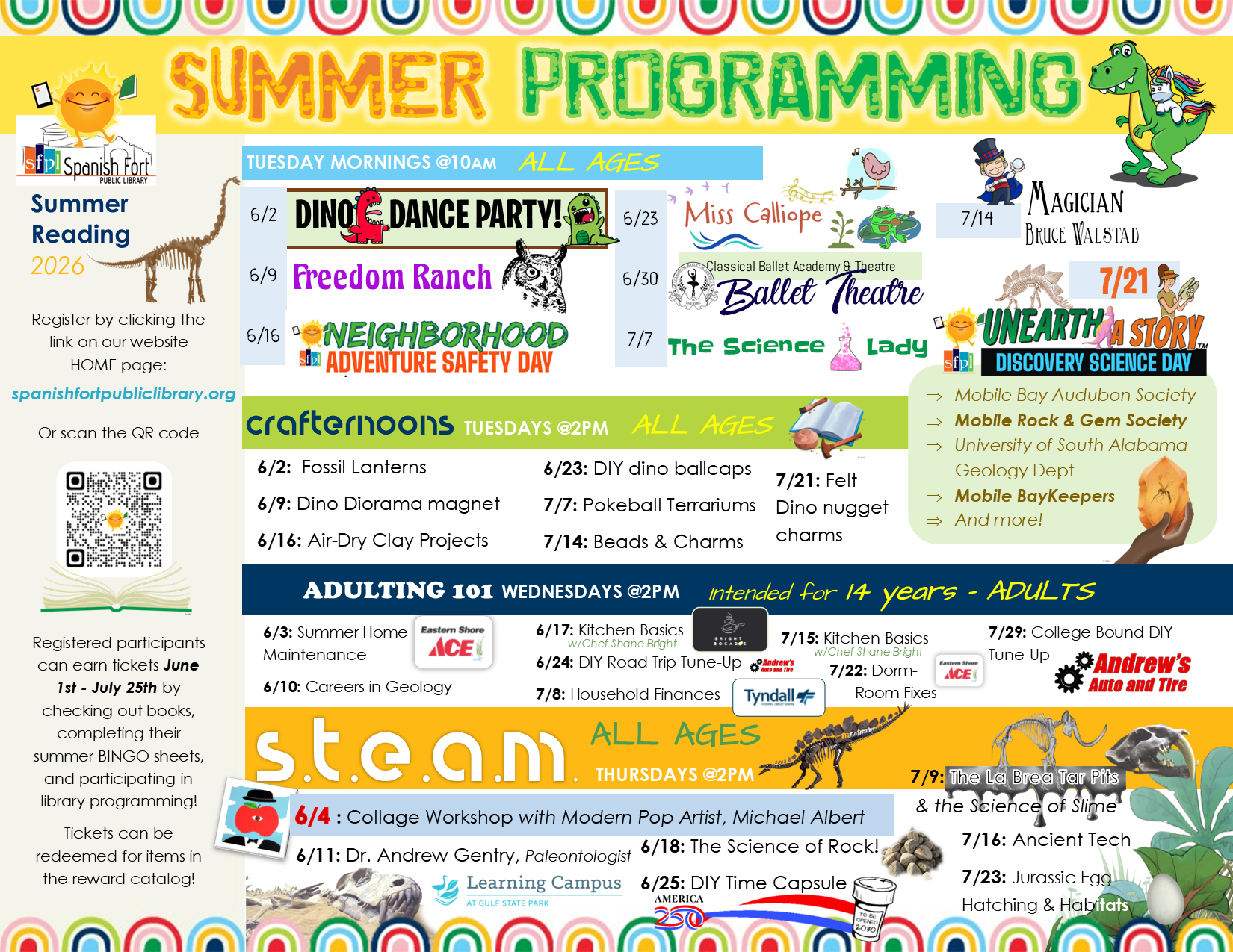 The SFPL summer programming handout is distributed to all Spanish Fort Schools in May and is available upon request at the check out desk in the library. 