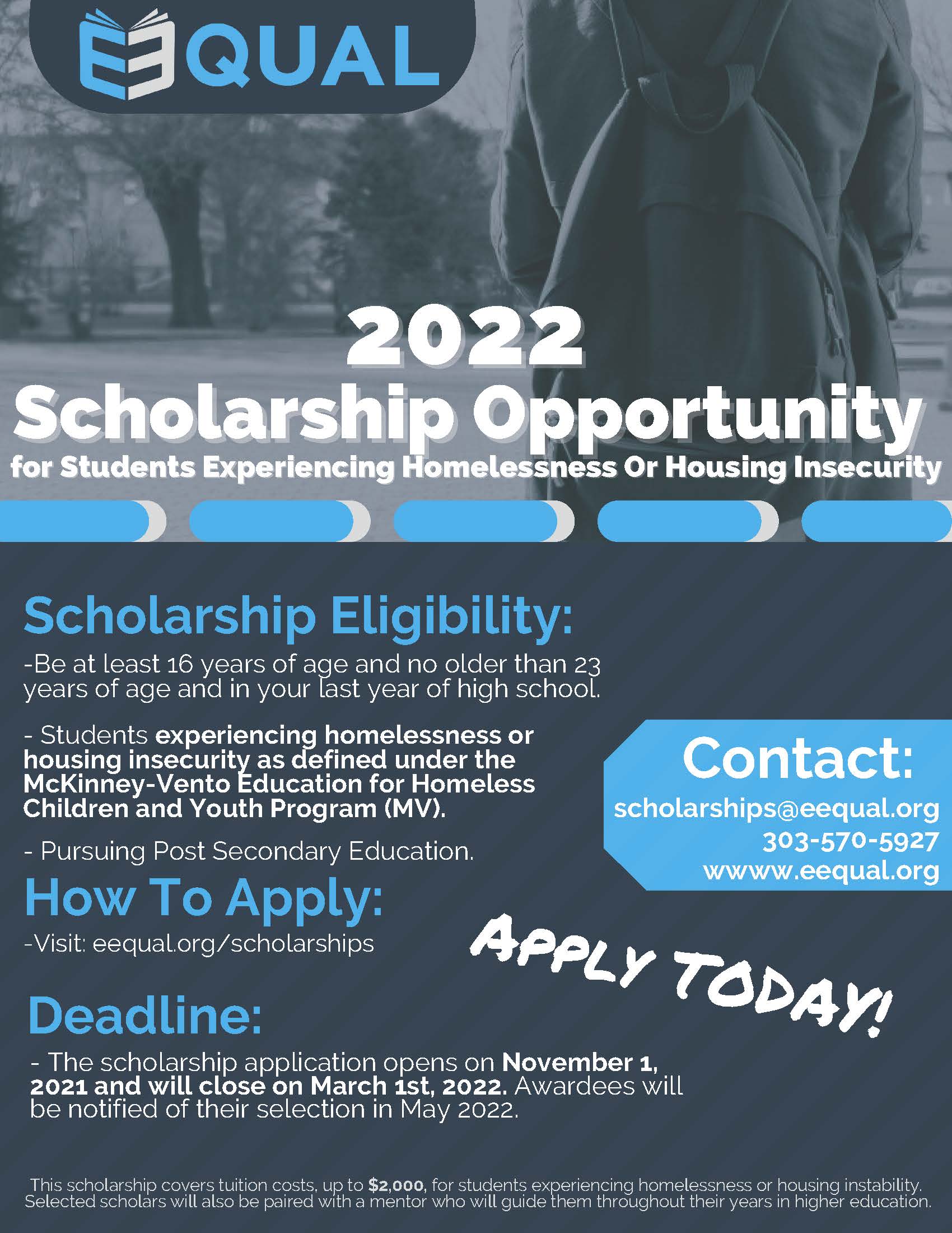 scholarship opportunity for students experiencing homelessness