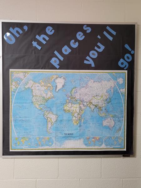 "oh the places you'll go bulletin board with world map