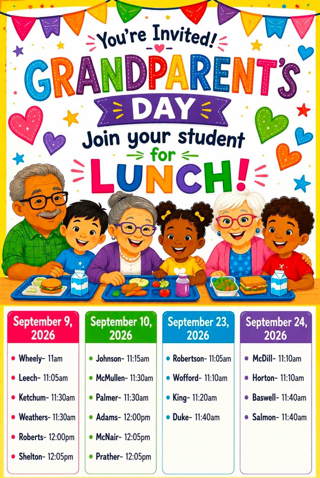 Church Hill Elementary Grandparents Day lunch flyer listing teacher schedules for September 9, 10, 23, and 24, 2026, with a $5 admission price and outside-food labeling reminder.