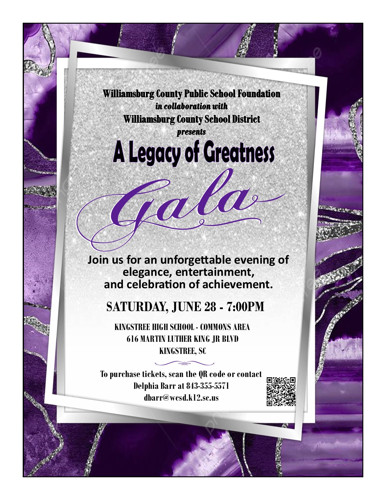 Williamsburg County Public School Foundation in collaboration with Williamsburg County School District presents A Legacy of Greatness Gala. Join us for an unforgettable evening of elegance, entertainment, and celebration of achievement. Saturday, June 28-7:00pm. Kingstree High School Commons Area 616 Martin Luther King Jr Blvd Kingstree, SC To purchase tickets, scan the QR code https://www.vancoevents.com/us/events/landing/54802?embed or contact Delphia Barr at 843-355-5571 dbarr@wcsd.k12.sc.us