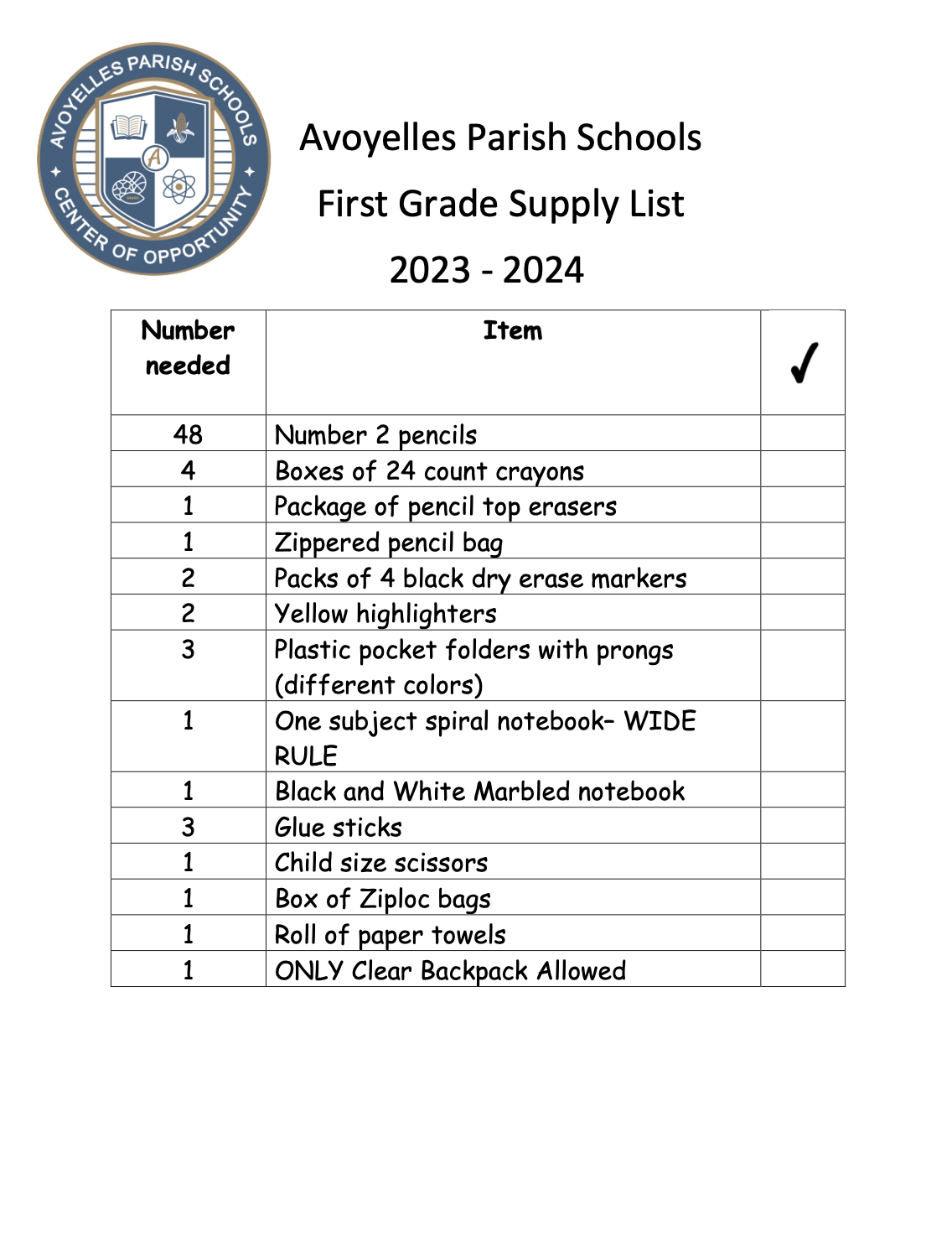 1st Grade Supply List 2023-2024