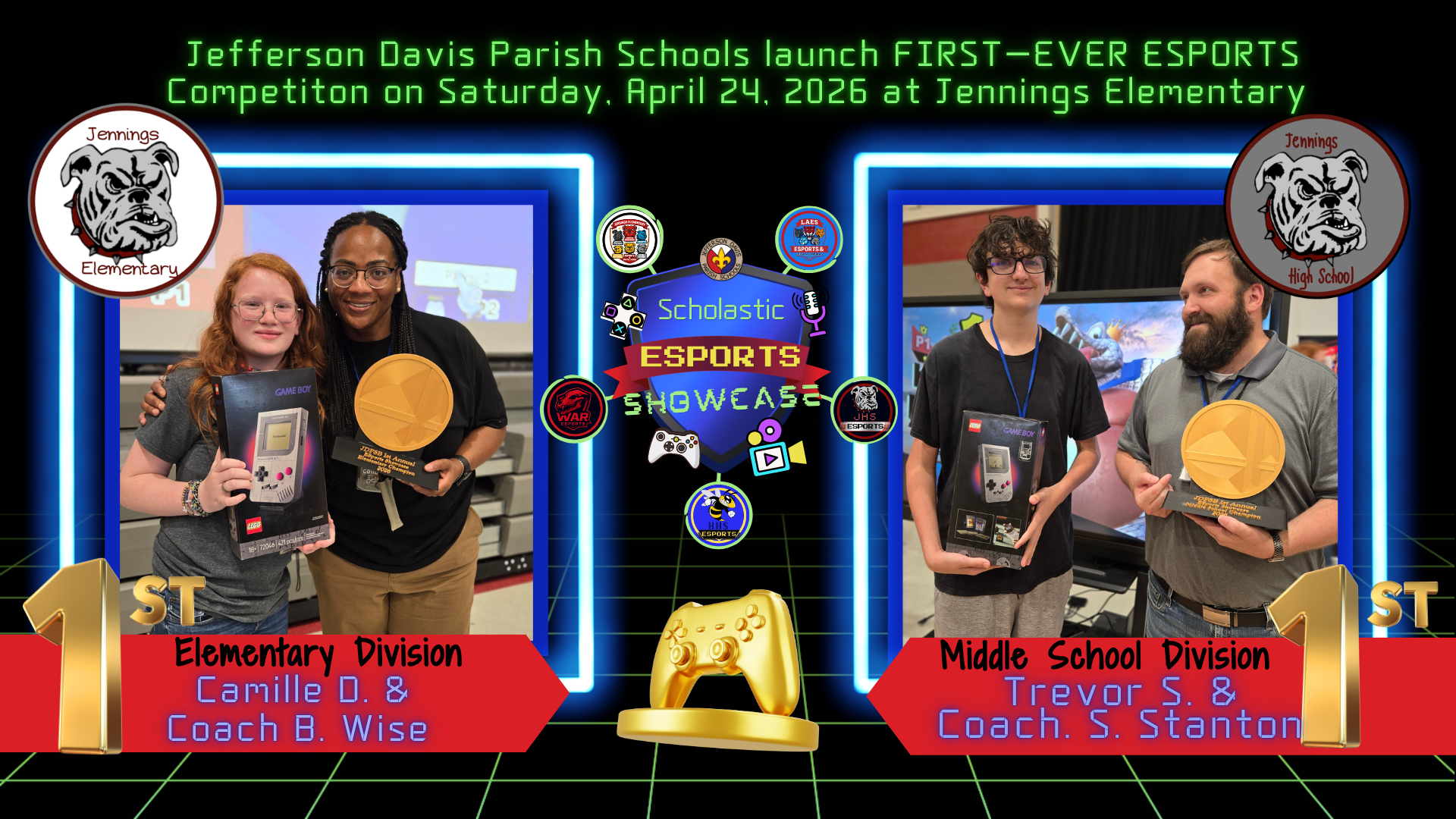 Jefferson Davis Parish Schools launch FIRST-EVER ESPORTS Competiton on Saturday, April 24, 2026 at Jennings Elementary.  First place winners were Camille D. of Jennings Elementary (elementary division) and Trevor S. of Jennings High School (middle school division).. 