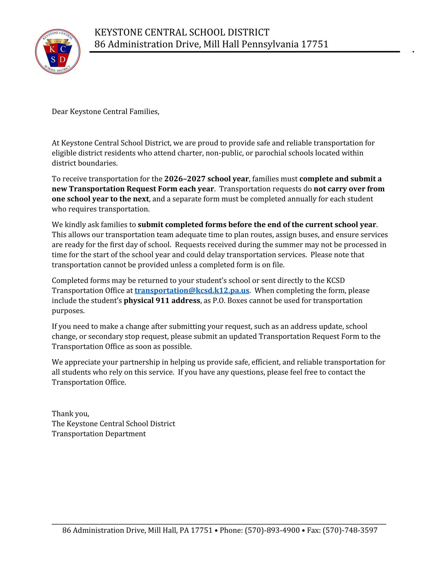 Keystone Central Transportation Letter