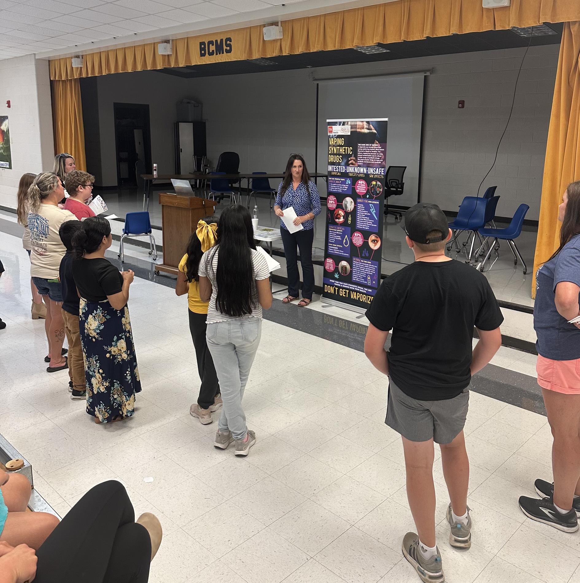 Ms. Tarver educating parents and students on the danger of substance use at BCMS Open House 2025.