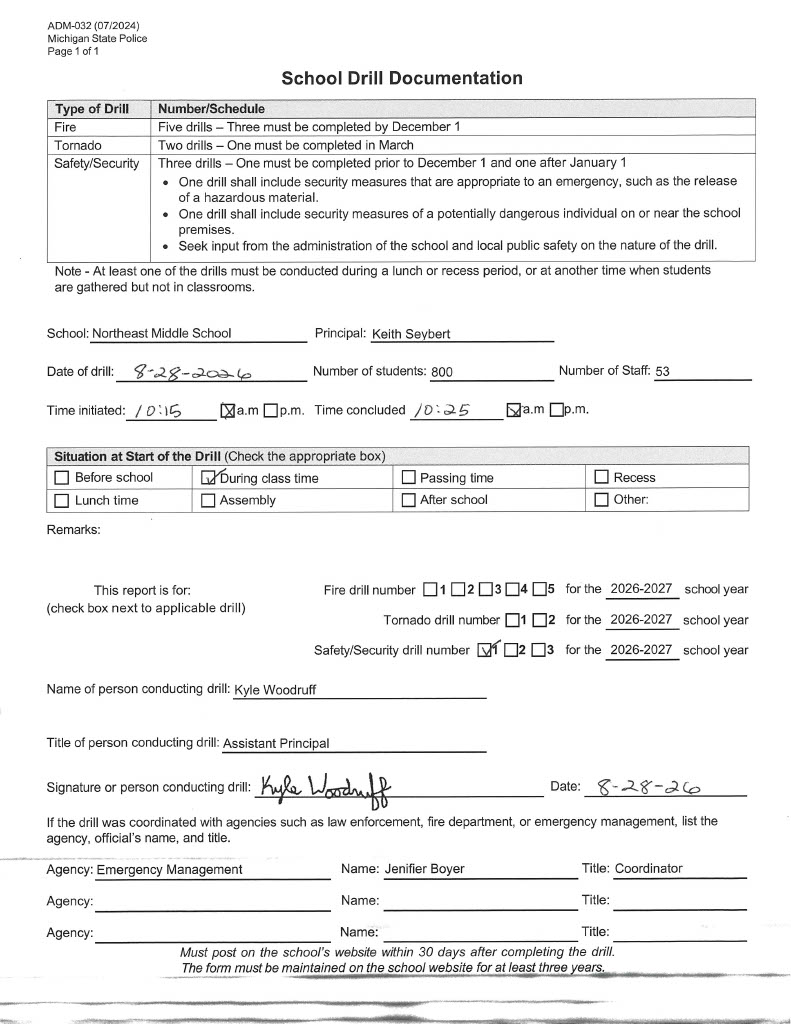 Northeast Middle School safety drill form 2026-2027
