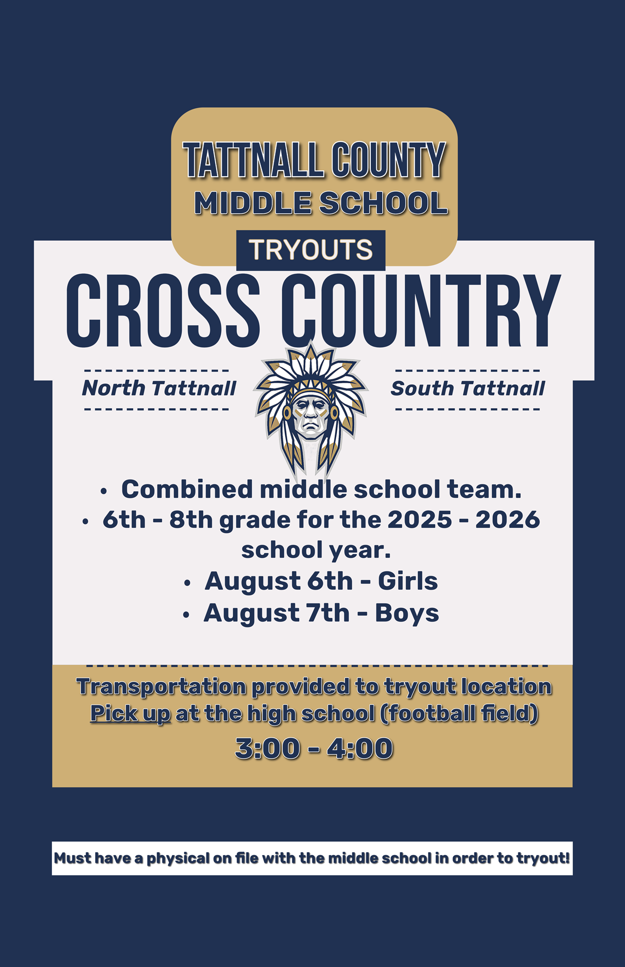 Tattnall Middle School Cross County Tryouts for North Tattnall and South Tattnall. Combined middle school team. 6th-8th grade for the 2025-2026 school year. August 6th- Girls. August 7th- Boys. Transportation provided to tryout location. Pick up at the high school (football field). 3:00-4:00. Must have a physical on file with the middle school in order to tryout. Tattnall Middle School Cross County Tryouts for North Tattnall and South Tattnall. Combined middle school team. 6th-8th grade for the 2025-2026 school year. August 6th- Girls. August 7th- Boys. Transportation provided to tryout location. Pick up at the high school (football field). 3:00-4:00. Must have a physical on file with the middle school in order to tryout.