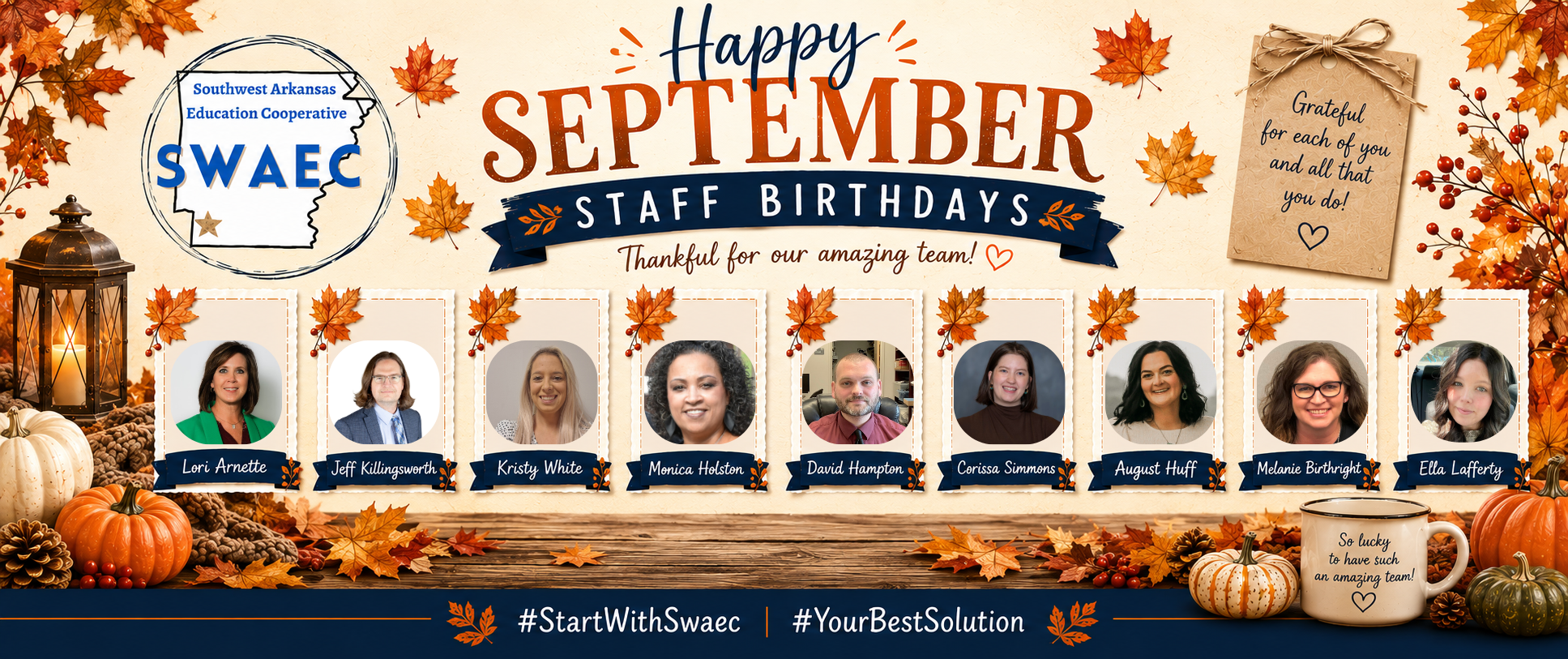 **Alt text (WCAG 2.1 AA compliant):**  Green birthday graphic reading “Happy Birthday.” Decorative shamrocks, gold coins, and a pot of gold appear around three staff photos labeled: Hannah Ward, Jenny Smead, and Jamaya Parker.