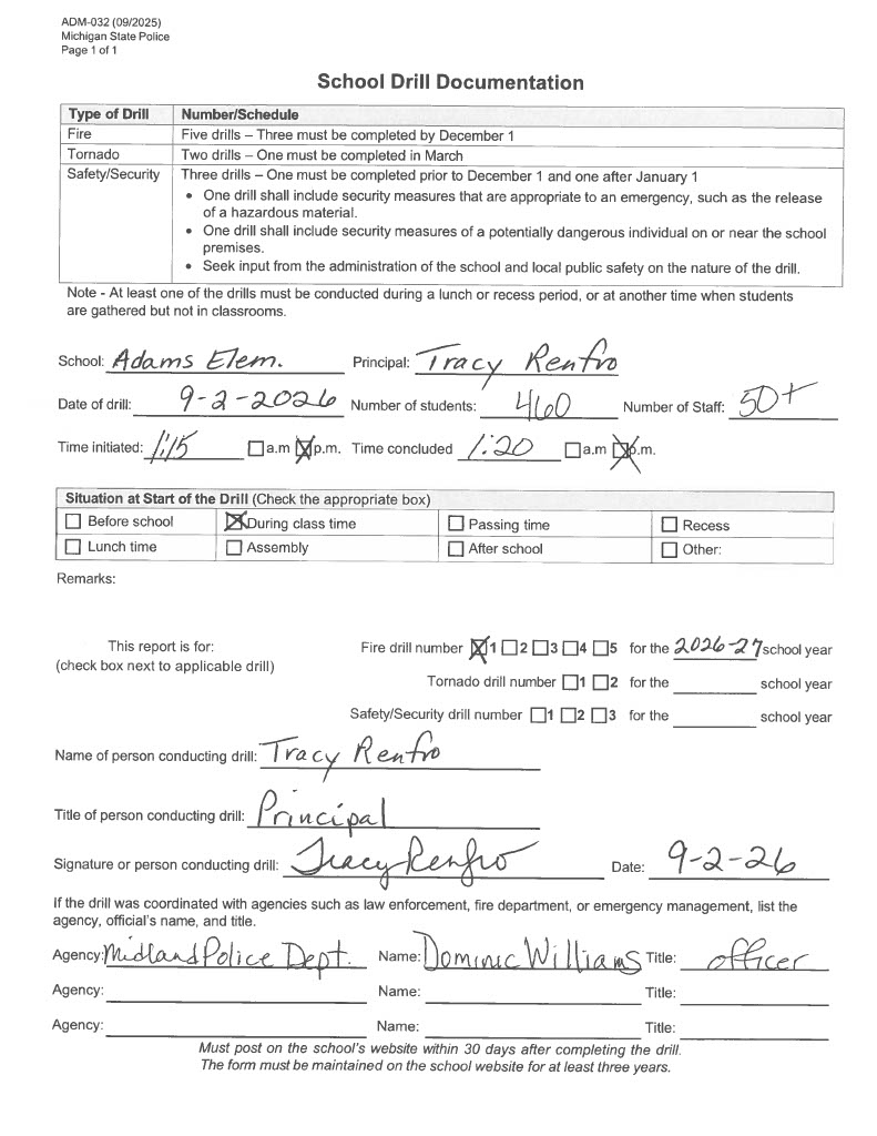 Adams Elementary fire drill form 2026-2027