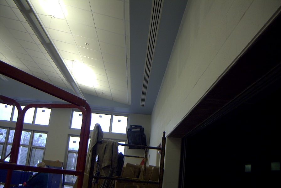 Ceiling tile and lighting in dining hall