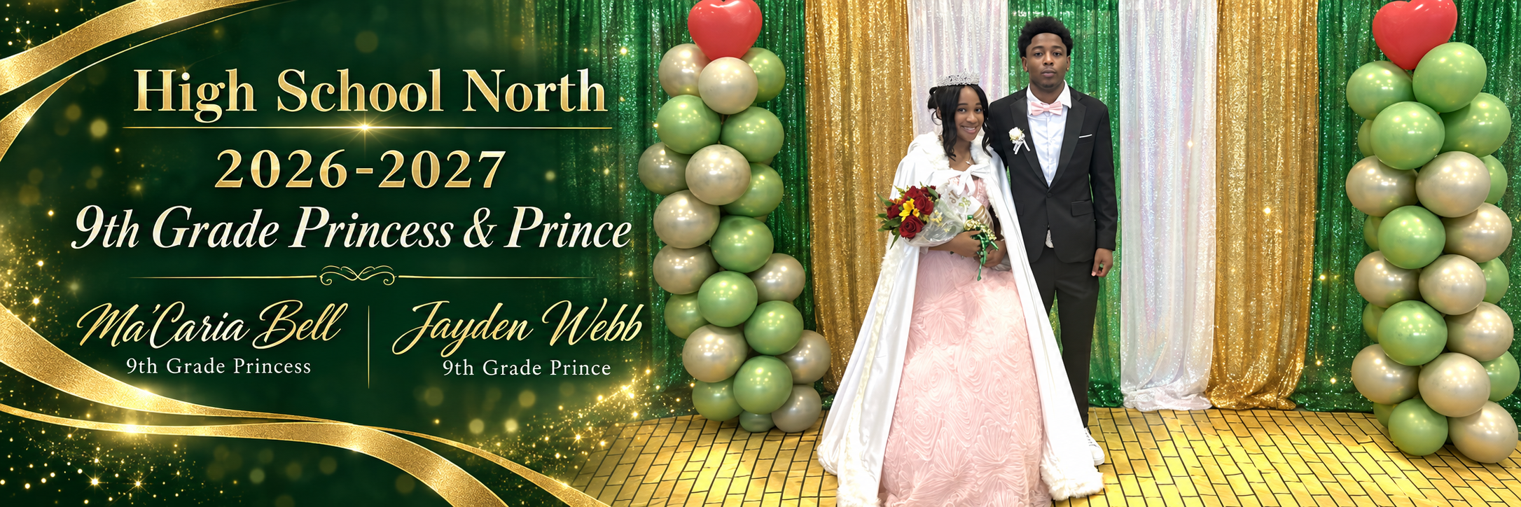 Fifth Street School 2026–2027 7th Grade Queen Aamarion Cooperwood posing in her crown, sash, and ceremonial cape with her escort in front of a green, gold, and white homecoming backdrop.