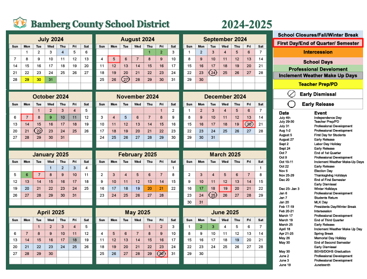 Bamberg County School District 2024 - 2025 Calendar