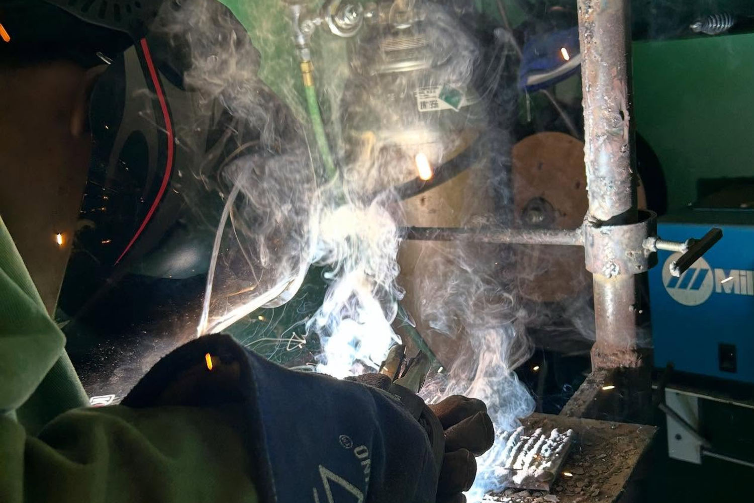 West Point Career and Technology Center Metal Fabrication student welding during a hands-on class activity