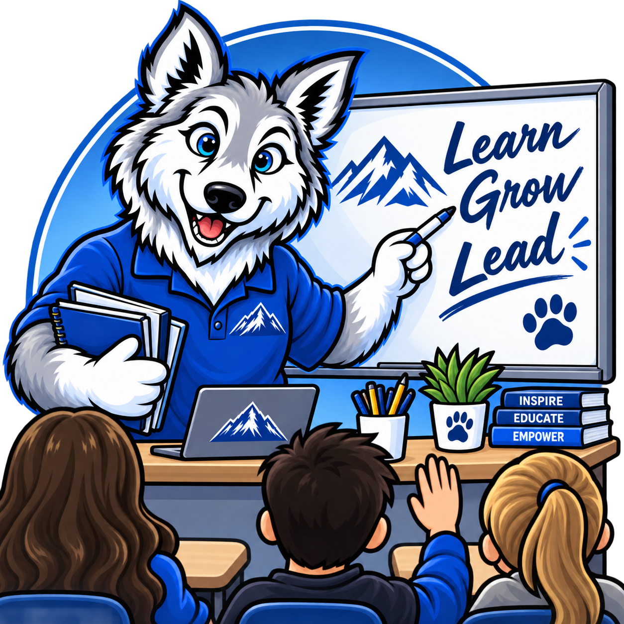 Cartoon wolf teaching a class