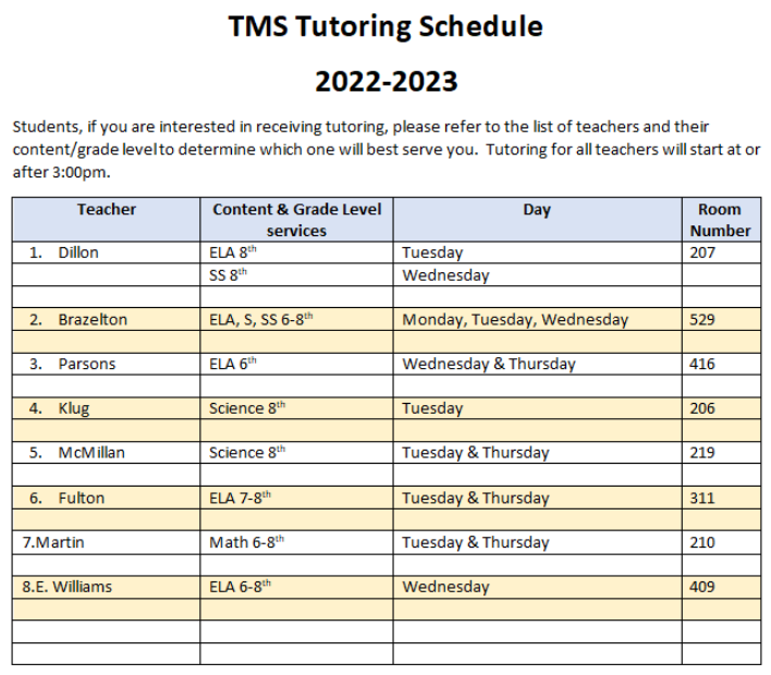 tutoring schedule