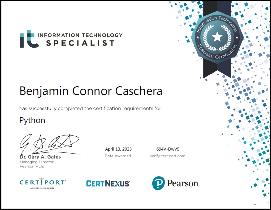 Benjamin Conner Caschera's ITS Python Certification