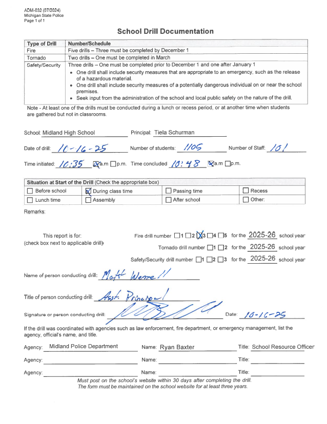 Form for Midland High School's third fire drill of 2025-2026