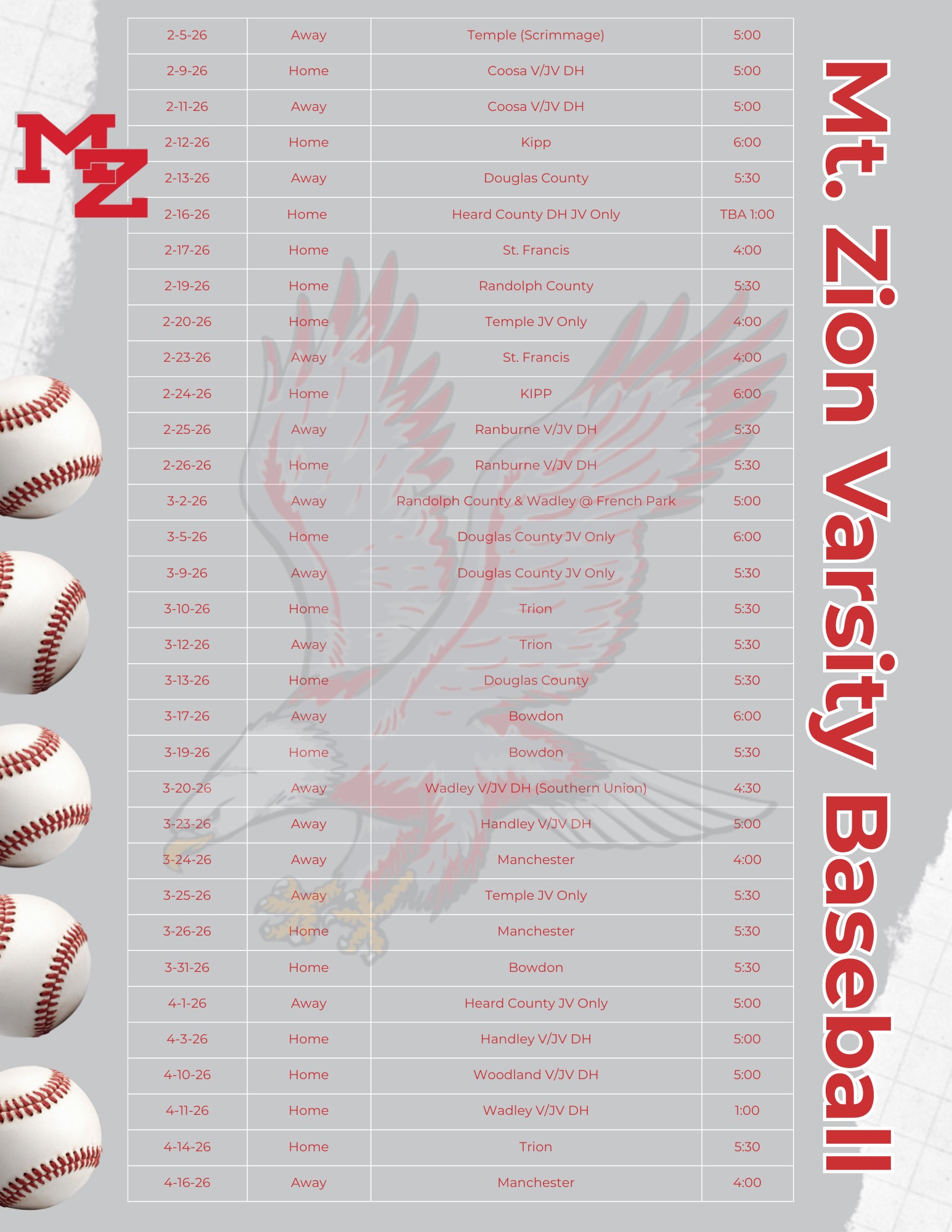 Varsity Baseball scheule