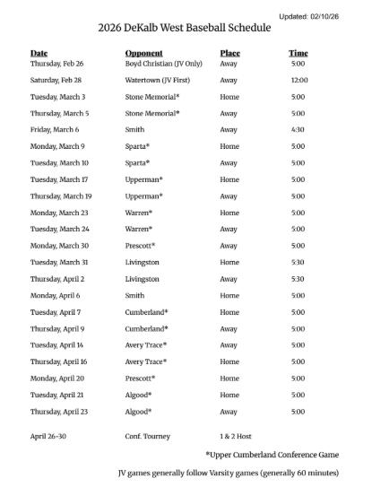 2026 DWS Bulldogs Baseball Schedule