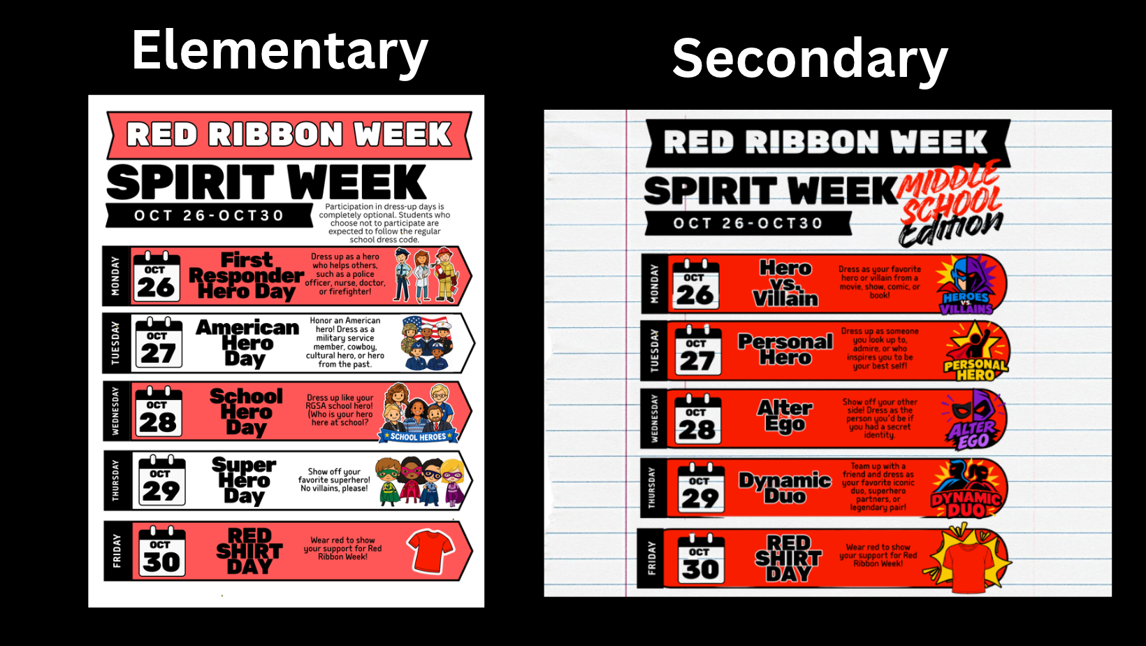 Red Ribbon Week Dress Up Days for Elementary and Secondary