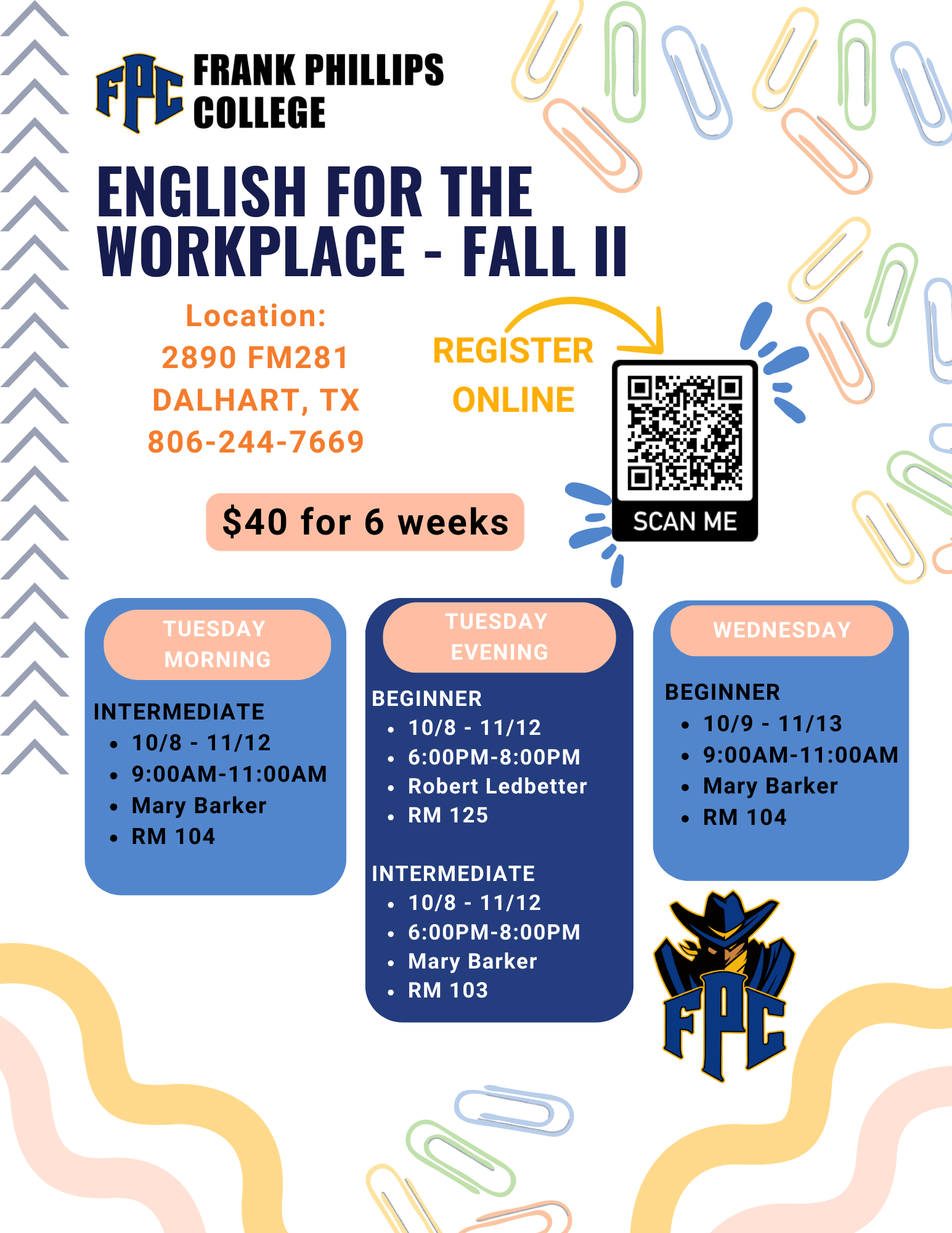 Flyer from Frank Phillips College that states: English for the workplace fall II, location 2890 FM 281 Dalhart, TX 79022, phone number (806) 244-7669,  $40 for six weeks. Register online by scanning the QR code. 